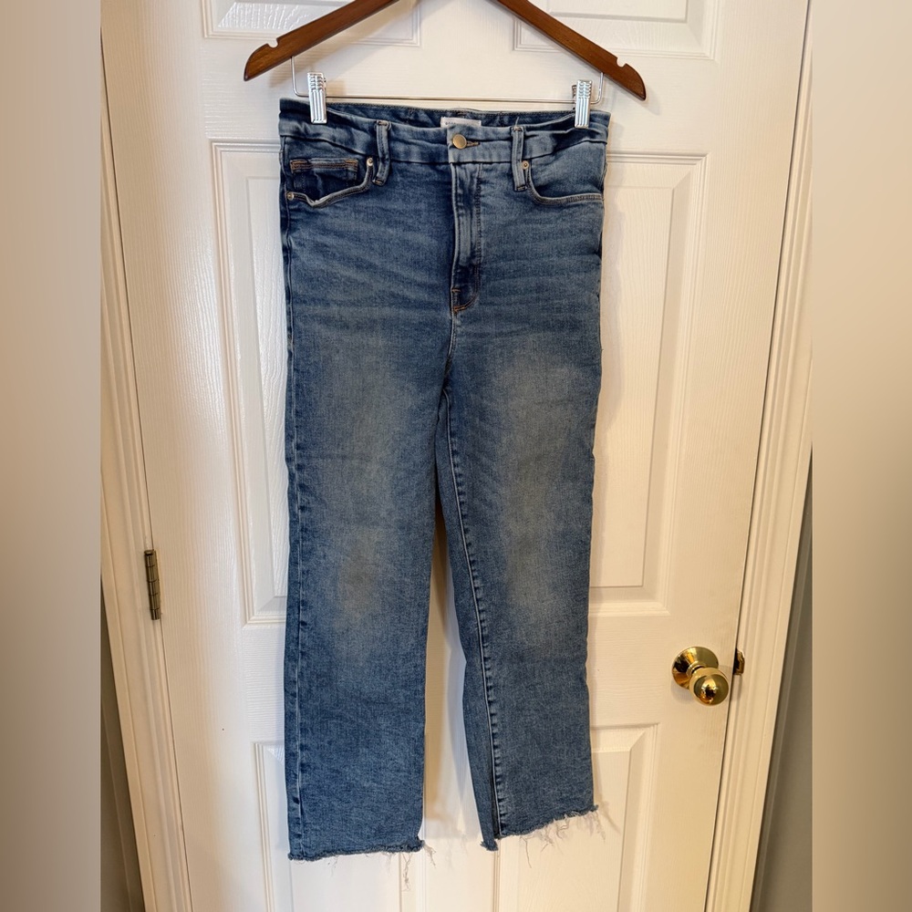 Good American Medium Blue Distressed Hem Cropped Jeans